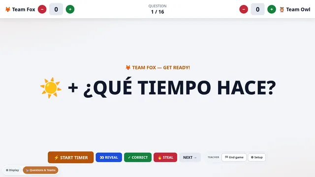 5-Second Battle showing a Spanish prompt with the model answer “¡Hola! ¿Cómo estás?” and two team scores.