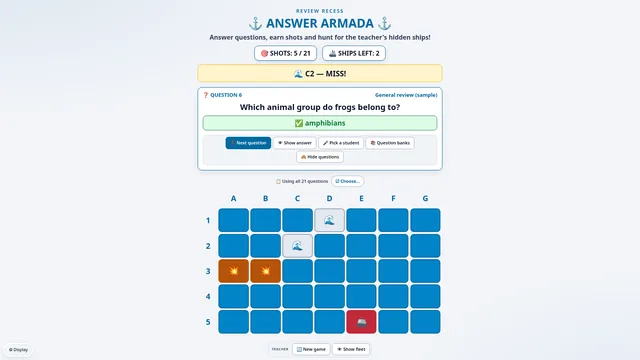 Grammar Battleships with a question card above a lettered and numbered grid.