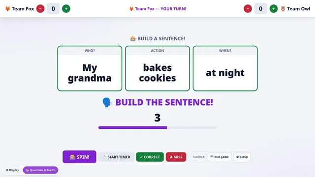 Sentence Slot Machine with three reels showing “Our teacher”, “paints a picture” and “on Saturdays”, and a Build the sentence prompt.