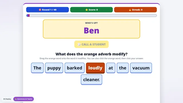 What Does It Modify? showing a sentence split into clickable words and a highlighted student name.